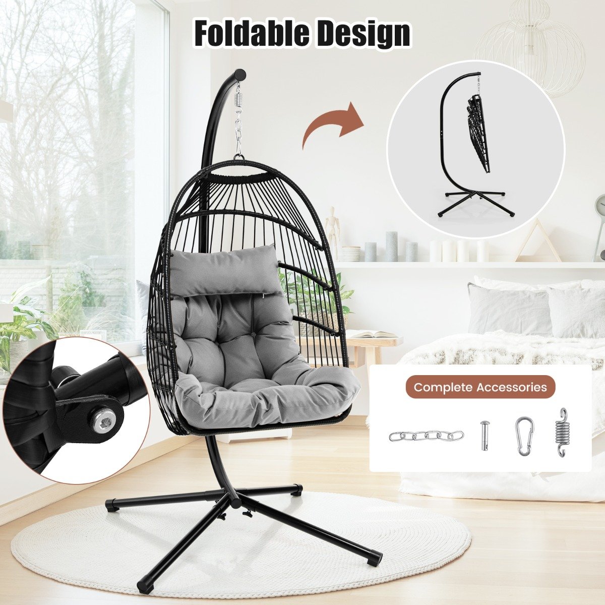 Hanging Swing Egg Chair with Stand Cozy Head Pillow  Cushion-Grey