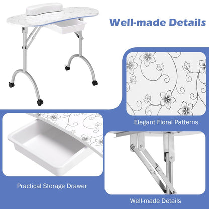 Portable Nail Table Station Manicure Tech Desk Nails Art Table 4 Rolling Wheels-White