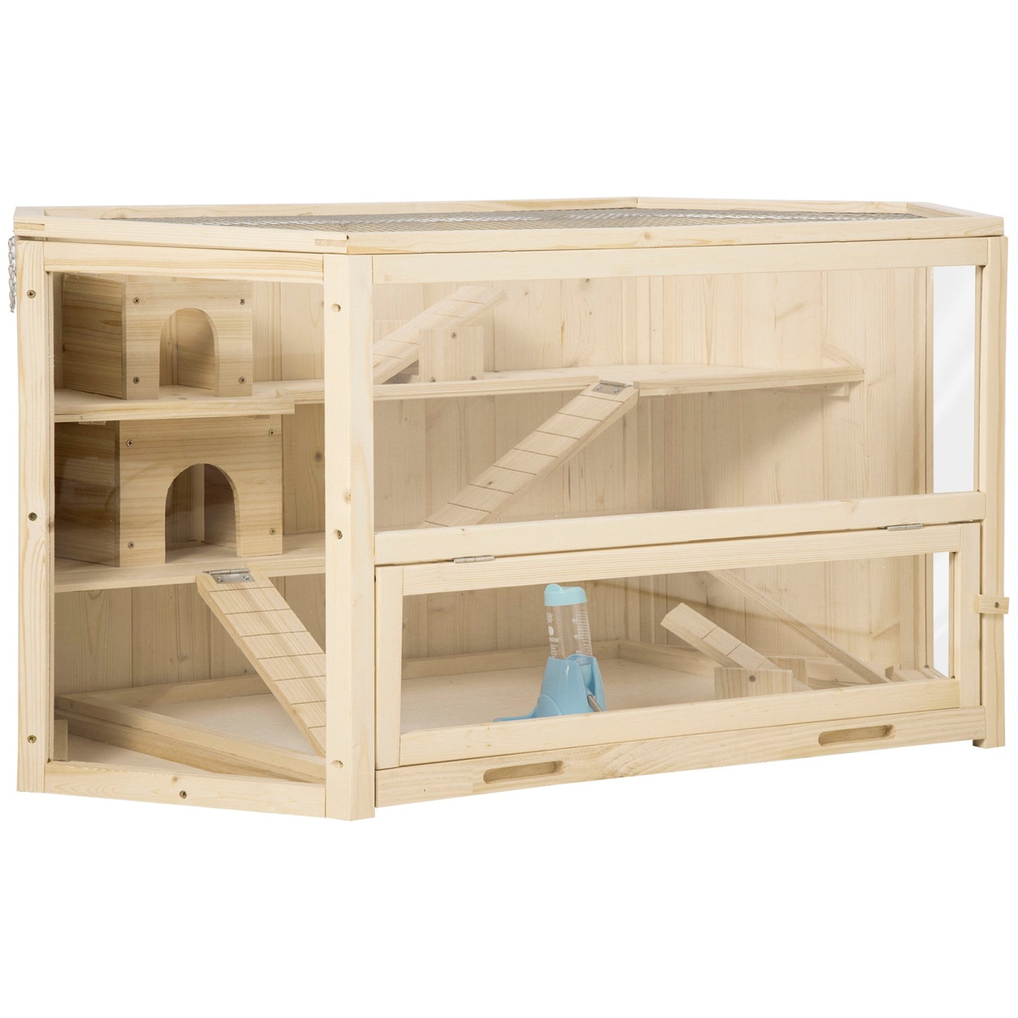 PawHut Wooden Large Hamster Cage Mouse Rats Small Animal Exercise Play House 3 Tier with Slide Activity Center, Natural