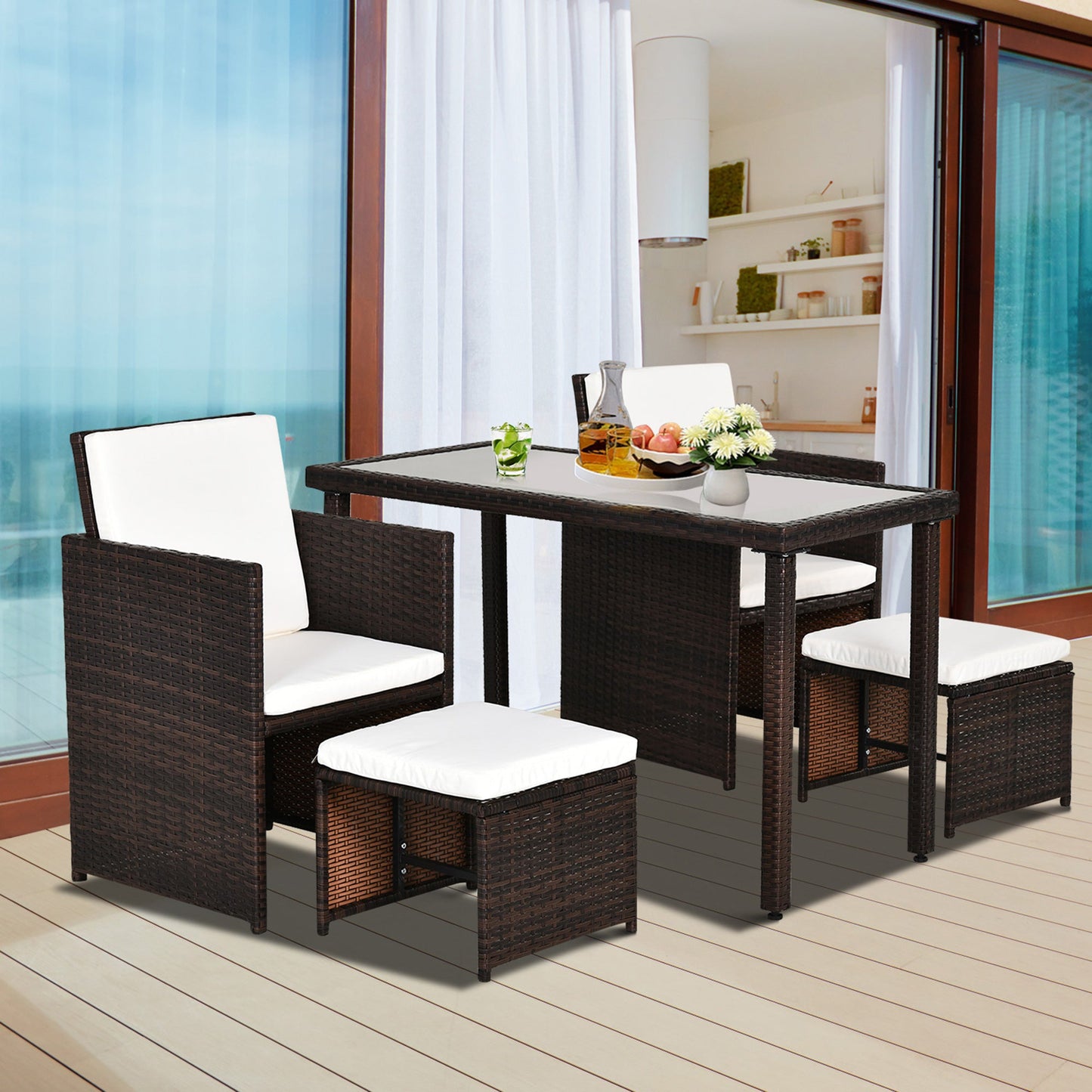 Outsunny 2 Seater Rattan Cube Garden Furniture Set, Rattan Dining Set with Cushions, Outdoor Dining Table and Chairs with 2 Armchairs, 2 Stools, Rectangular Glass Top Table for Patio, Balcony, Brown