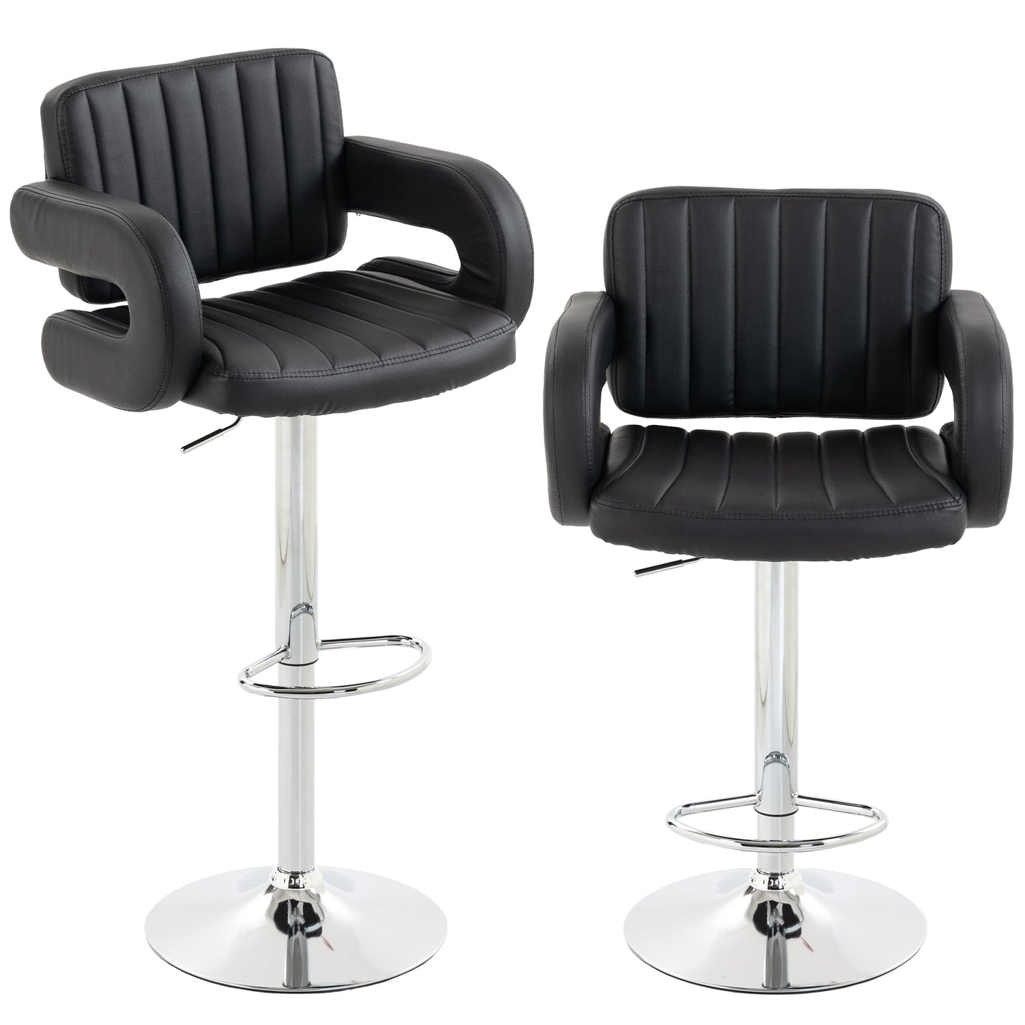 HOMCOM Bar Stools Adjustable Swivel Kitchen Chairs with Backrest Armrest Set of 2 PU Leather Black