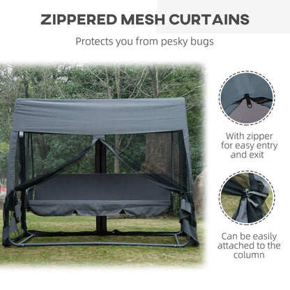 Outsunny 3 Seater Garden Swing Chair 2 in 1 Convertible Outdoor Rocking Bench Bed with Water-Resistant Roof, Zipped Door and Mosquito Netting, Grey