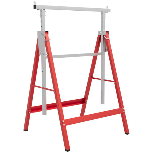 HOMCOM Set of 2 Adjustable Telescopic Builders Trestle, DIY Steel Work Bench Carpenter, Folding Saw Horse Tools Red