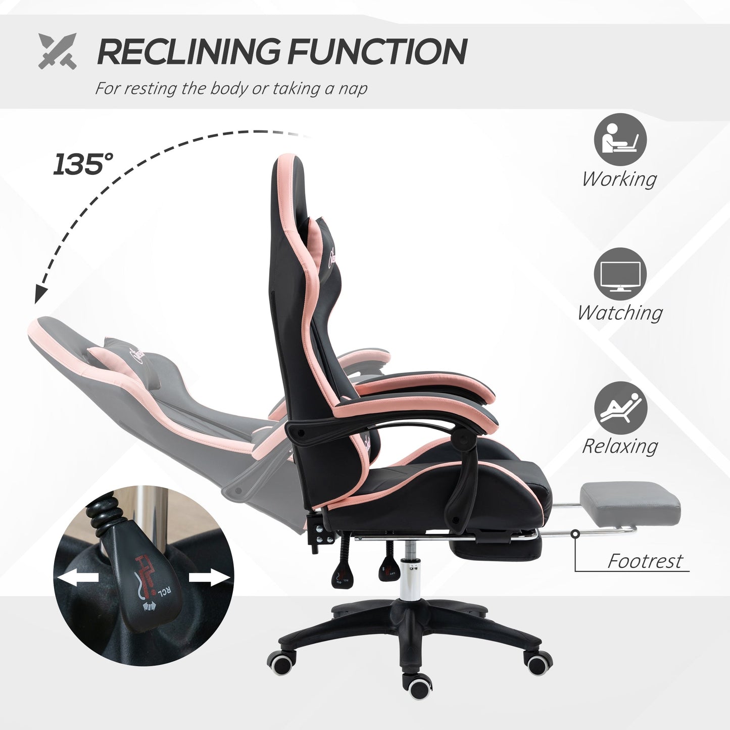 Vinsetto Computer Gaming Chair, PU Leather Office Desk Chair with Footrest, Swivel Wheels, 135 Reclining Back, Lumbar Support, Headrest for Home, Black and Pink