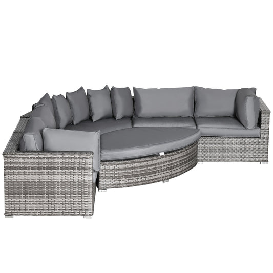 Outsunny 6 Pieces Outdoor PE Rattan Wicker Sofa Set with 10cm Thick Padded Cushionsand Half Round Patio Conversation Furniture Set with Angled Corner Designand Ottomansand and Back Pillows, Grey