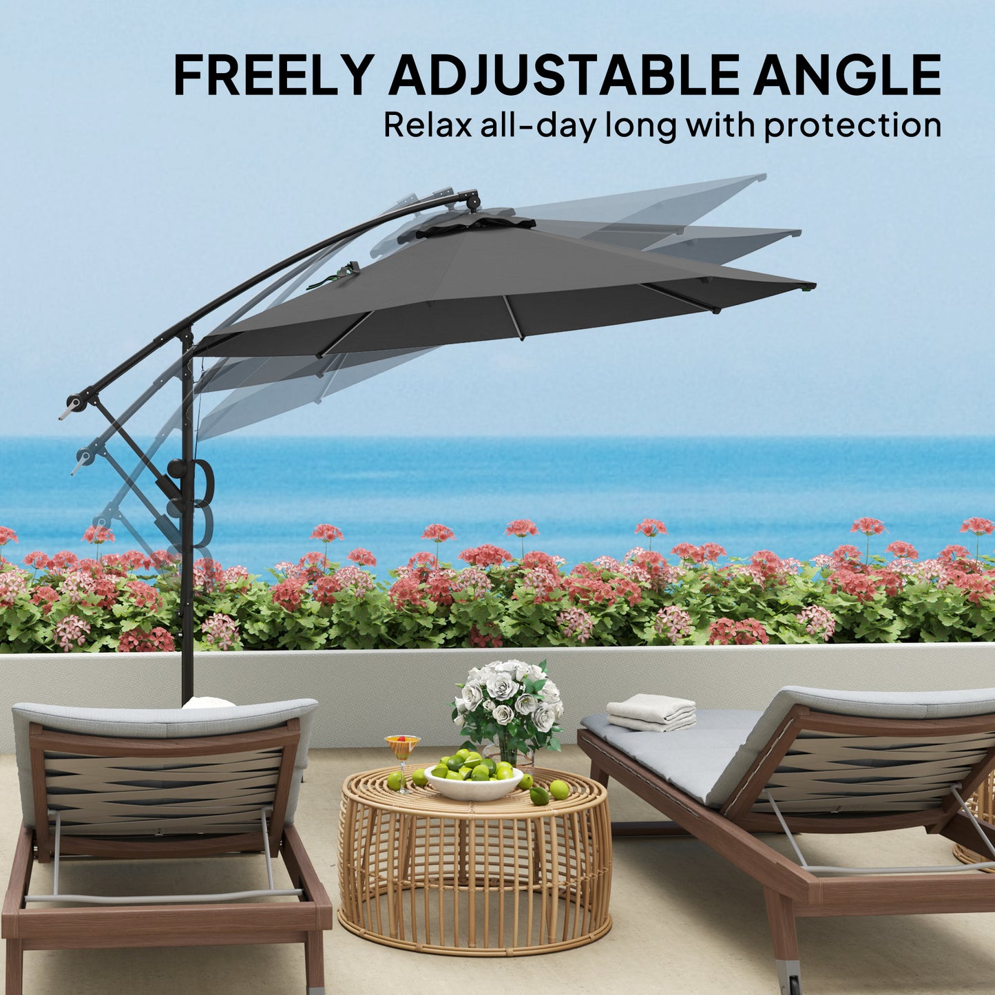 Outsunny 3(m) Garden Cantilever Parasol with Cover and Wind Protection Strap, Round Overhanging Umbrella with Crank Handle and Tilt, Banana Patio Umbrella for Outdoor Sun Shade, UPF50+, Grey