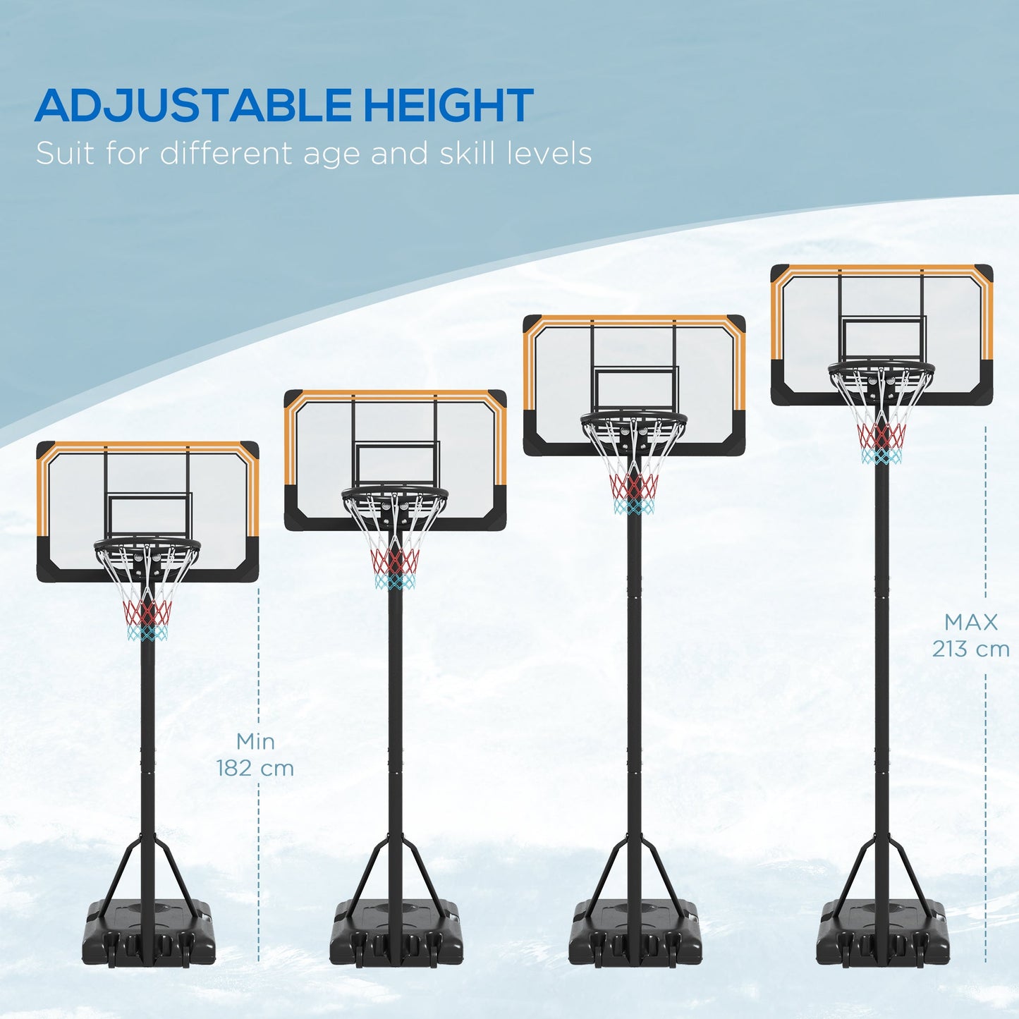 SPORTNOW Height Adjustable Basketball Stand Net Set System, Freestanding Basketball Hoop and Stand with Wheels, 182-213cm - Black