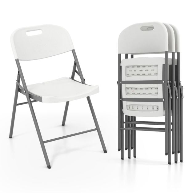 4 Pack Folding Stackable Chairs with Metal Frame and Carrying Handle-White