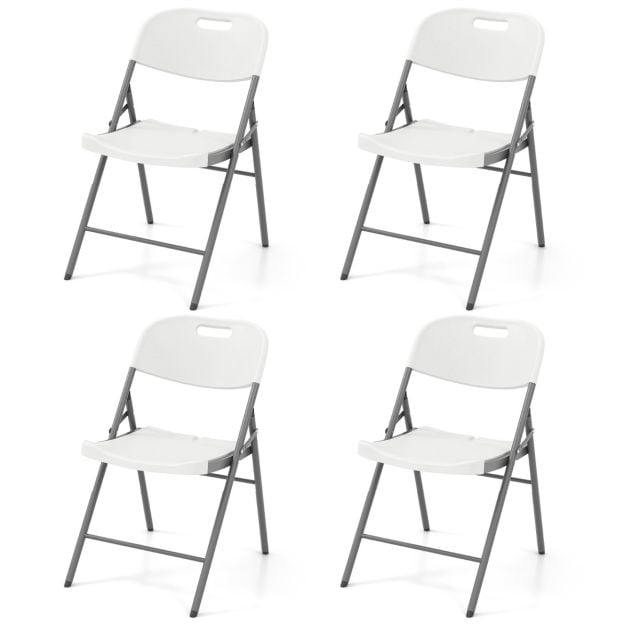 4 Pack Folding Stackable Chairs with Metal Frame and Carrying Handle-White