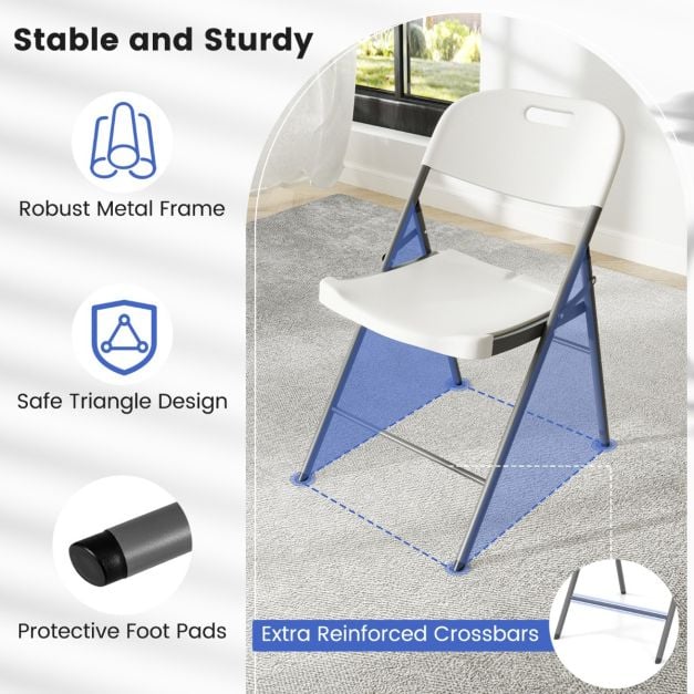 4 Pack Folding Stackable Chairs with Metal Frame and Carrying Handle-White