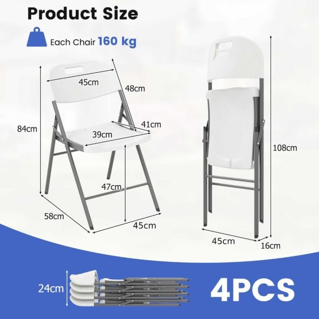 4 Pack Folding Stackable Chairs with Metal Frame and Carrying Handle-White