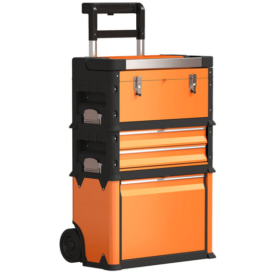 HOMCOM 3-in-1 Stackable Rolling Tool Box - Orange