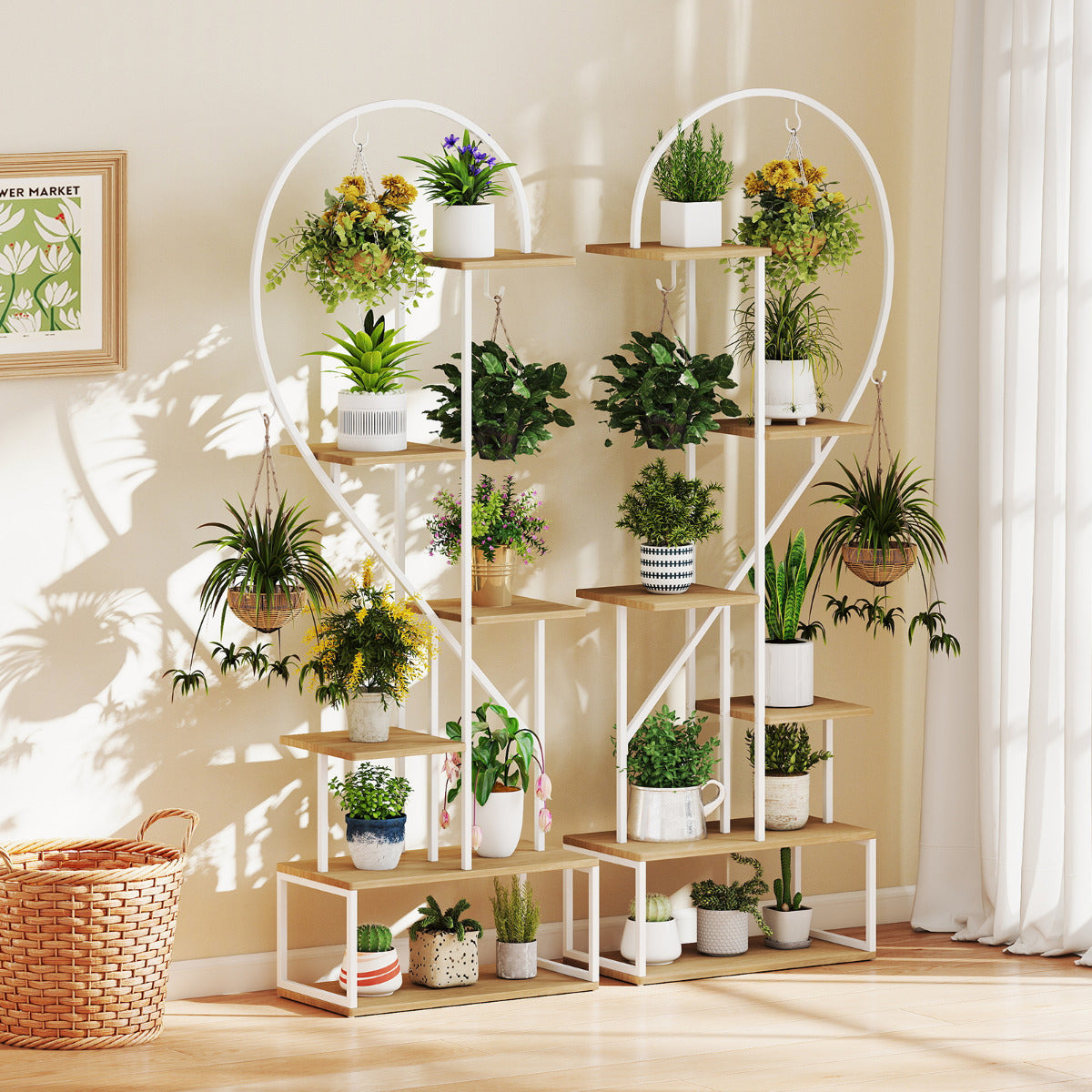 6-Tier Metal Plant Stand Heart-Shape Ladder Plant Shelves -Natural