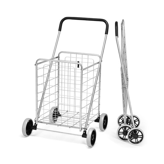 Heavy Duty Folding Shopping Cart with 83L Metal Basket-Silver