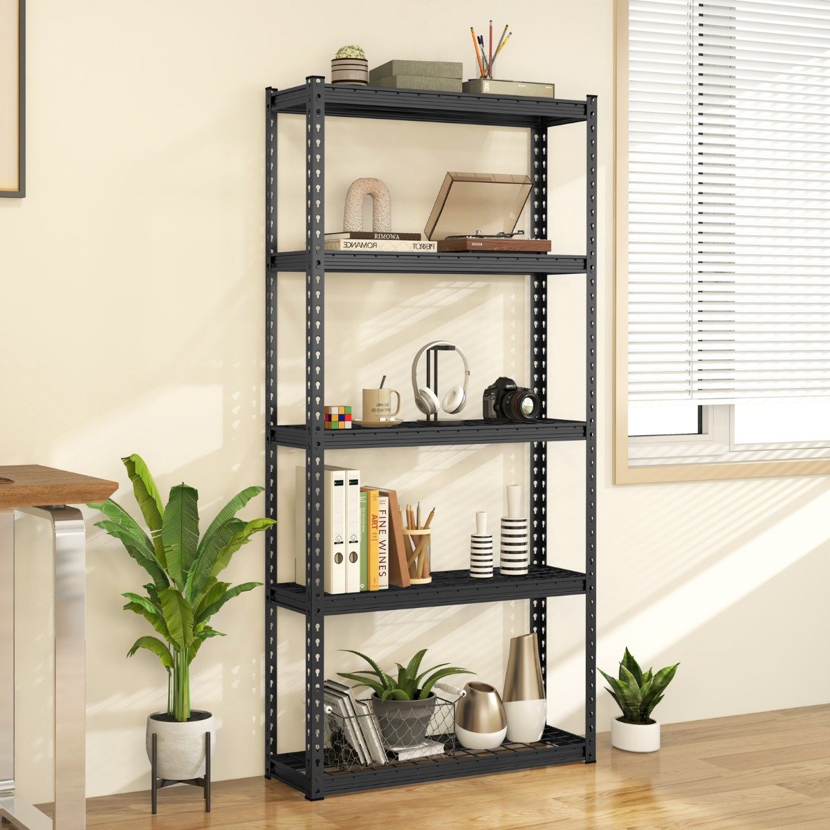 5-Tier Metal Shelving Unit with Anti-slip Foot Pad for Warehouse Kitchen-Black