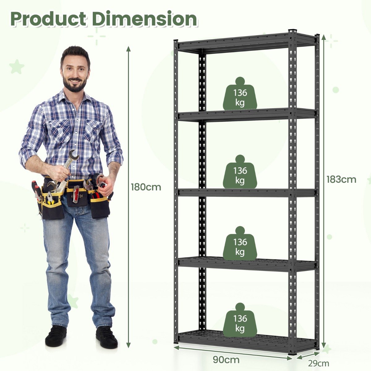 5-Tier Metal Shelving Unit with Anti-slip Foot Pad for Warehouse Kitchen-Black