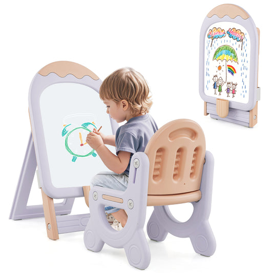 Height-adjustable and Foldable Standing Kids Art Easel with Chair-Pink & Purple
