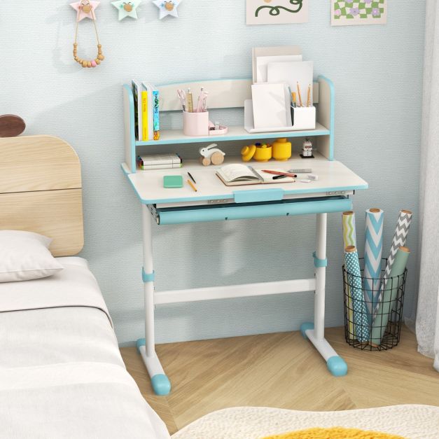 Height Adjustable Children Writing Table with Tilt Desktop and Hutch-Blue