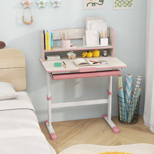 Height Adjustable Children Writing Table with Tilt Desktop and Hutch-Pink