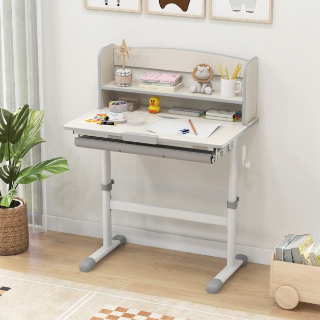Height Adjustable Children Writing Table with Tilt Desktop and Hutch-Grey