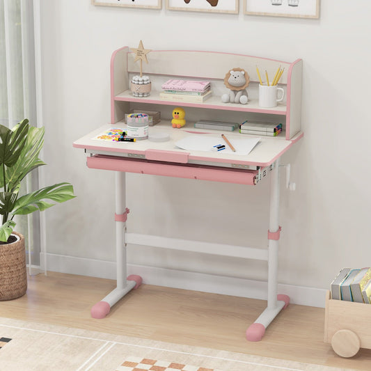 Height Adjustable Children Writing Table with Tilt Desktop and Hutch-Pink