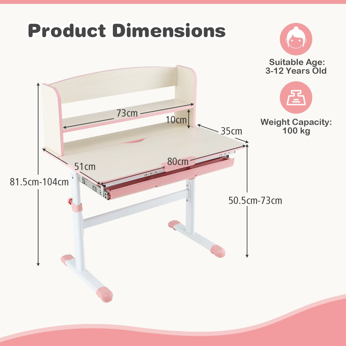 Height Adjustable Children Writing Table with Tilt Desktop and Hutch-Pink