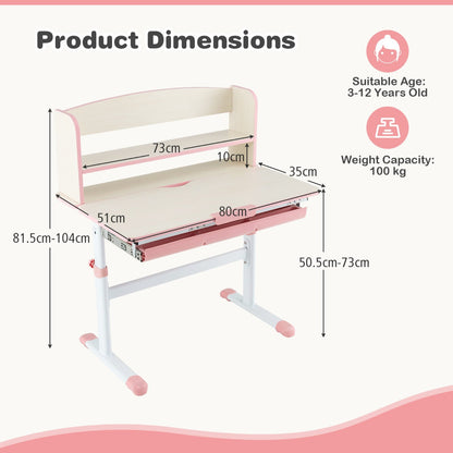 Height Adjustable Children Writing Table with Tilt Desktop and Hutch-Pink