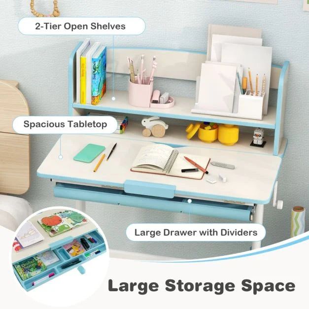 Height Adjustable Children Writing Table with Tilt Desktop and Hutch-Blue
