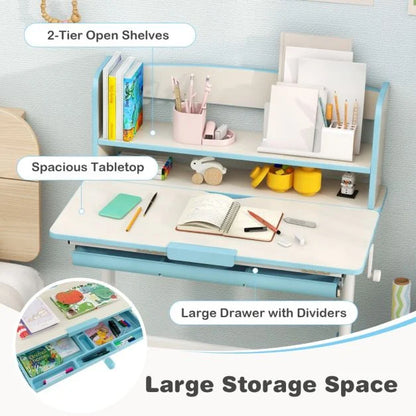 Height Adjustable Children Writing Table with Tilt Desktop and Hutch-Blue