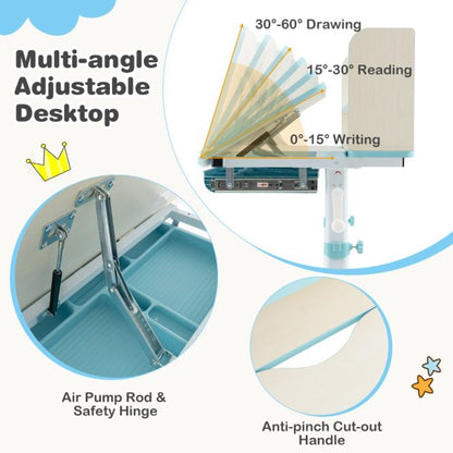 Height Adjustable Children Writing Table with Tilt Desktop and Hutch-Blue