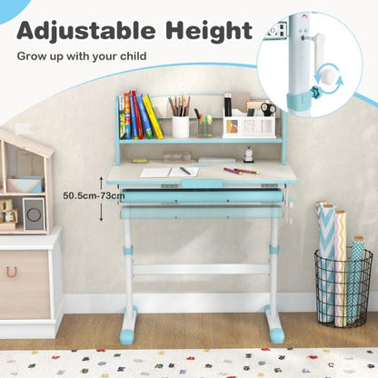 Height Adjustable Children Writing Table with Tilt Desktop and Hutch-Blue
