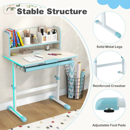 Height Adjustable Children Writing Table with Tilt Desktop and Hutch-Blue