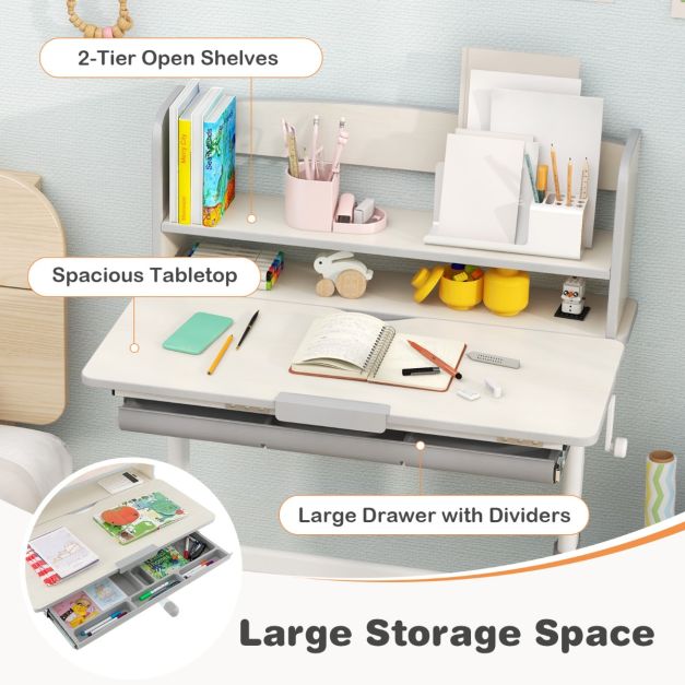 Height Adjustable Children Writing Table with Tilt Desktop and Hutch-Grey