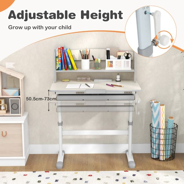 Height Adjustable Children Writing Table with Tilt Desktop and Hutch-Grey