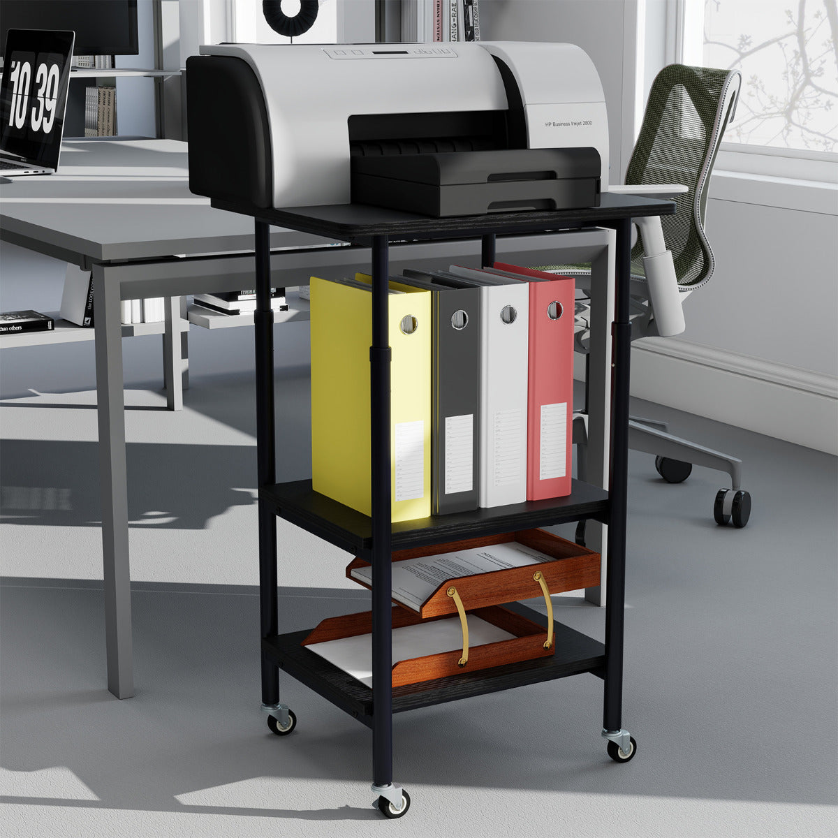 Height Adjustable Printer Stand with Storage Shelves and Locking Wheels-Black