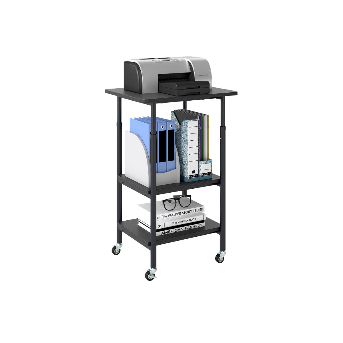 Height Adjustable Printer Stand with Storage Shelves and Locking Wheels-Black