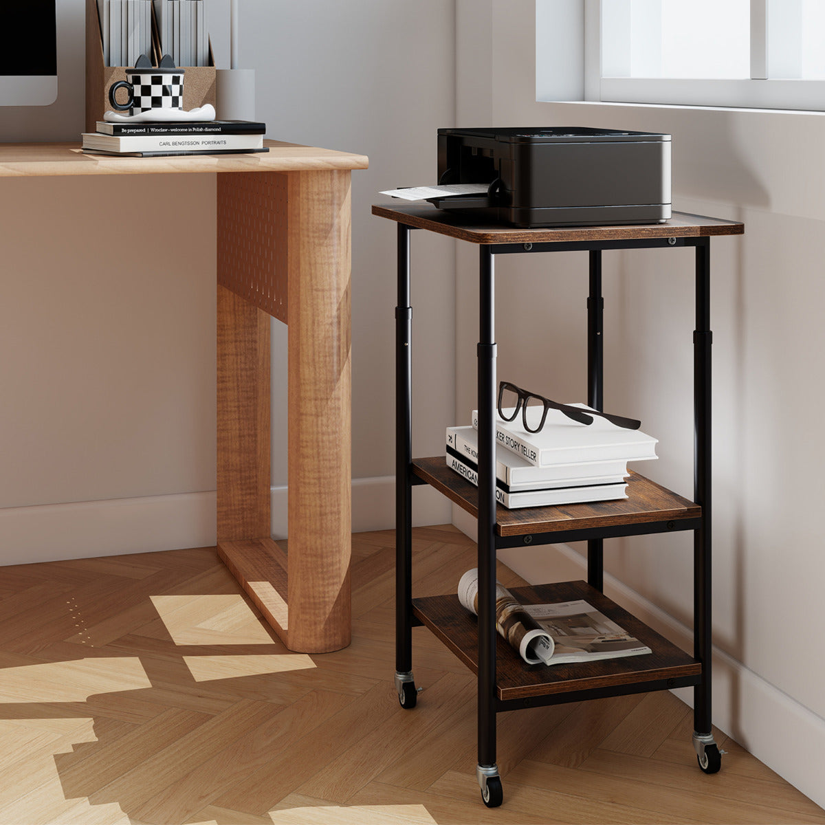 Height Adjustable Printer Stand with Storage Shelves and Locking Wheels-Rustic Brown