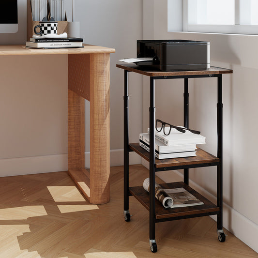 Height Adjustable Printer Stand with Storage Shelves and Locking Wheels-Rustic Brown