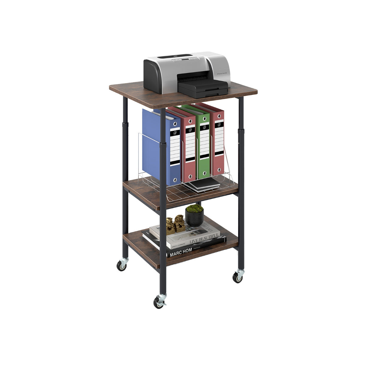 Height Adjustable Printer Stand with Storage Shelves and Locking Wheels-Rustic Brown