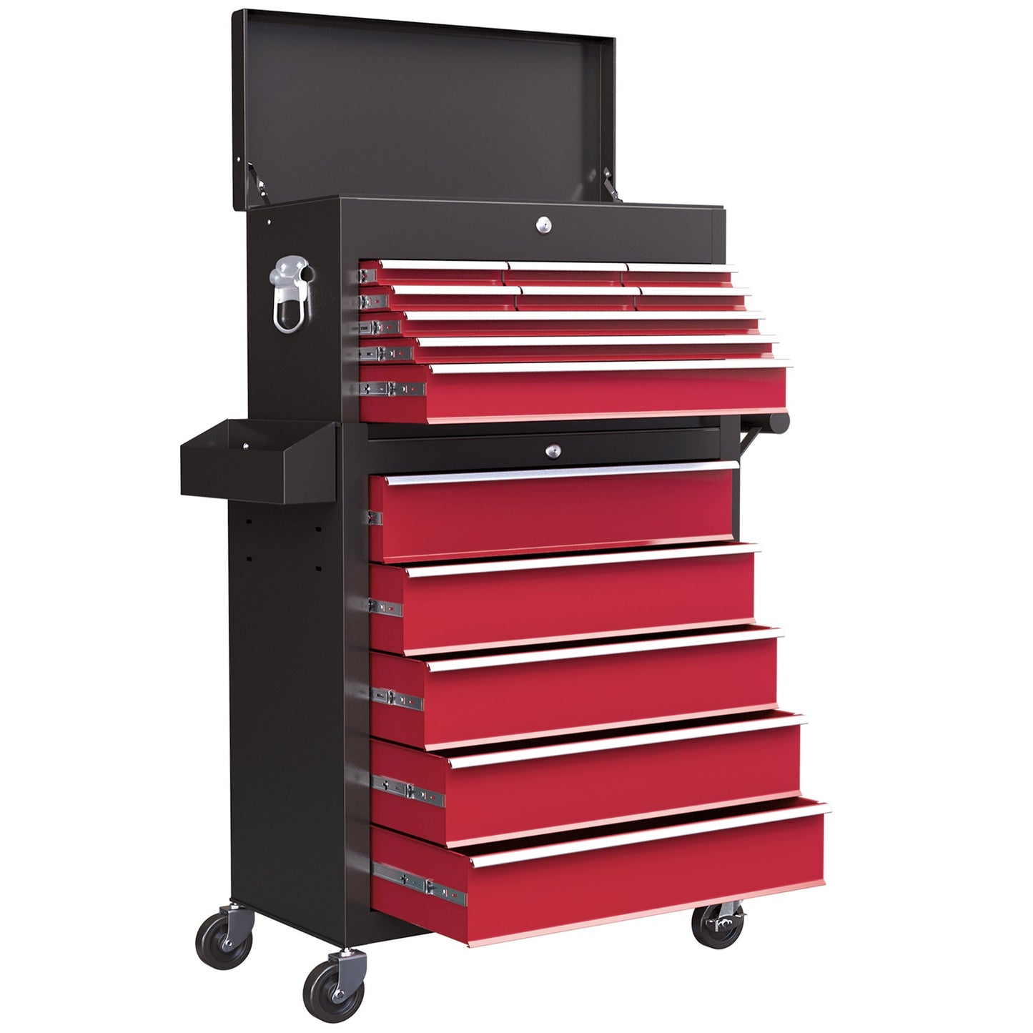 Rolling Tool Cabinet on Wheels with 14 Drawers, Pegboard and Side Rack, Lockable Top Tool Chest and Roller Cabinet Combo for Workshop and Home, Red