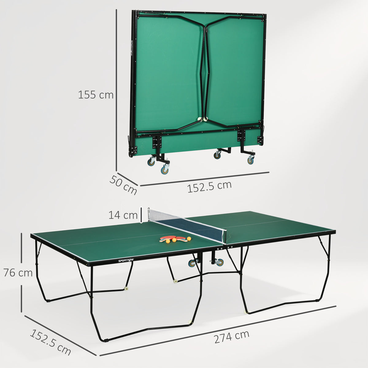 SPORTNOW 9FT Folding Tennis Table, with 8 Wheels, for Indoor Use, Green