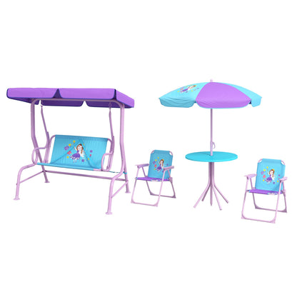 4 Piece Kids Garden Furniture Set With 2 Seater Garden Swing Chair Adjustable Canopy, Childrens Table & Chair Set For Toddler Girls 3-6 Years Old