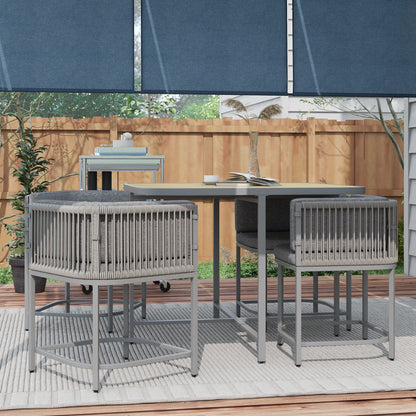 طقم طعام Outsunny مكون من 5 قطع من PE Rattan مع وسائد، وأثاث حديقة مكعب بتصميم موفر للمساحة مع سطح لوح مركب من الحجر - رمادي