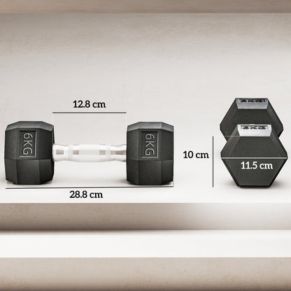 HOMCOM 2x6kg Hex Dumbbells Set Rubber Dumbbells Weight Lifting Equipment Fitness Home Gym
