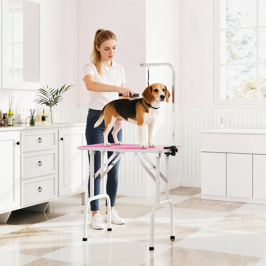 PawHut 32" Foldable Dog Grooming Table Pet Drying Beauty Table Adjustable Fixed Arm Rubber Top, Pink