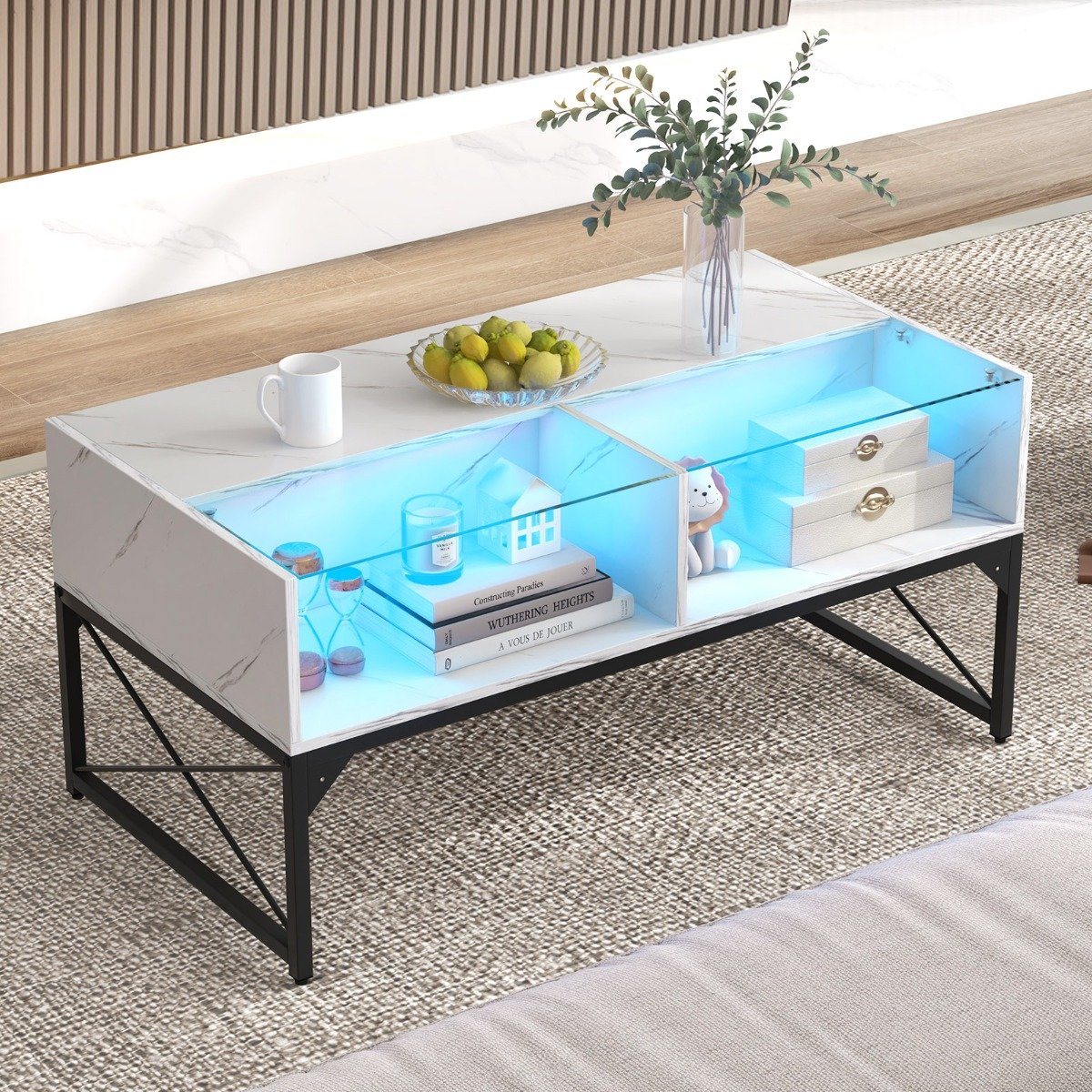 High-gloss LED Coffee Table with Faux Marble and Tempered Glass Top-White