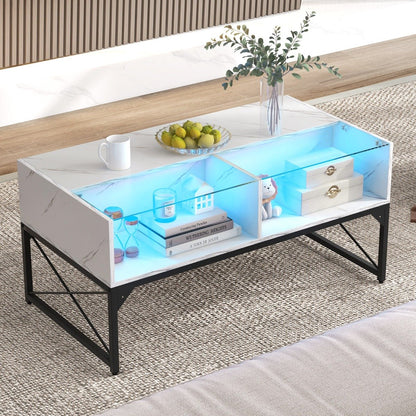 High-gloss LED Coffee Table with Faux Marble and Tempered Glass Top-White