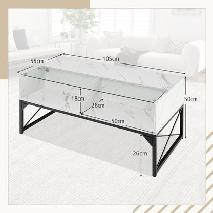High-gloss LED Coffee Table with Faux Marble and Tempered Glass Top-White