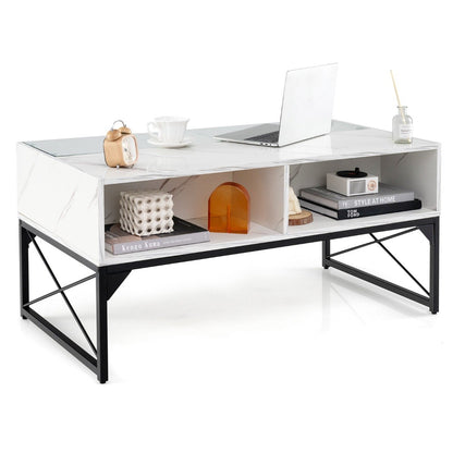 High-gloss LED Coffee Table with Faux Marble and Tempered Glass Top-White