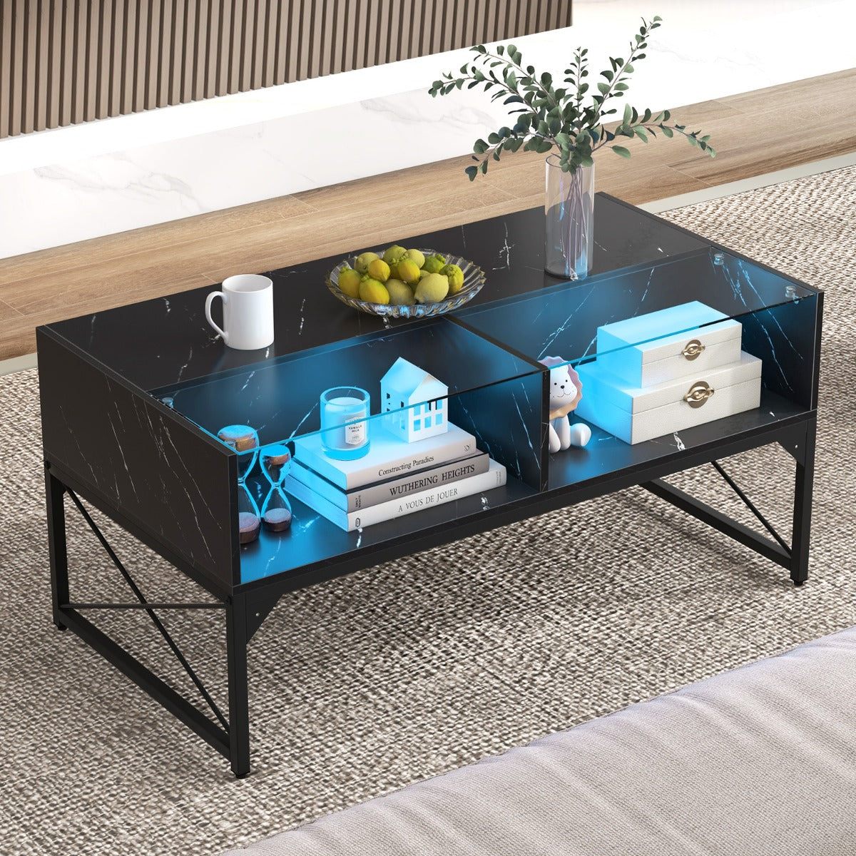 High-gloss LED Coffee Table with Faux Marble and Tempered Glass Top-Black